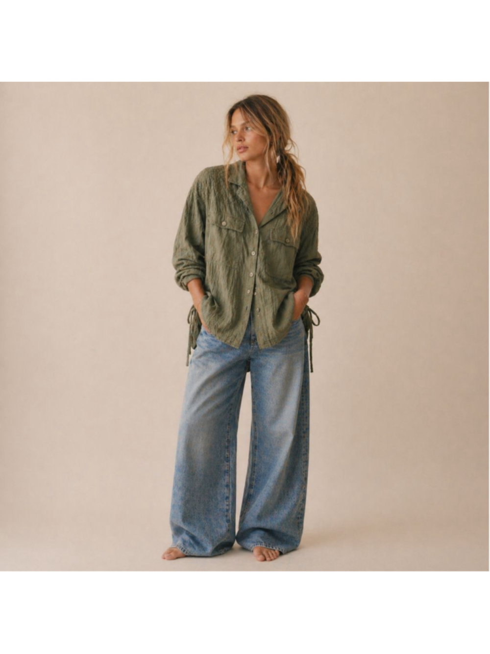 Free People Oversized Quilted Button Down Shirt Green XS NWT
